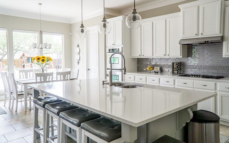 kitchen with island and white cabinets